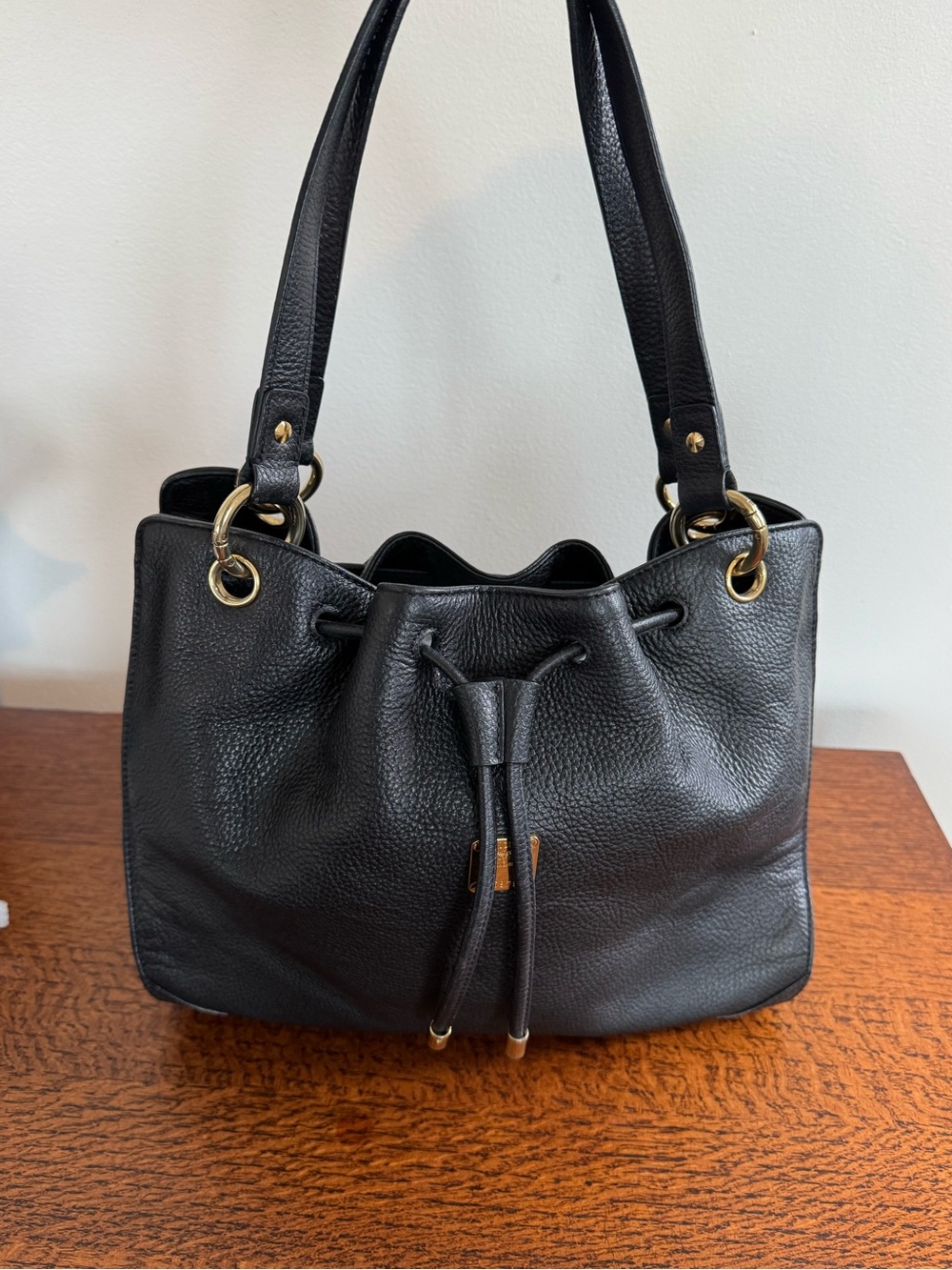 MCM Black Pebbled Leather Drawstring Bucket Bag with Gold Hardware